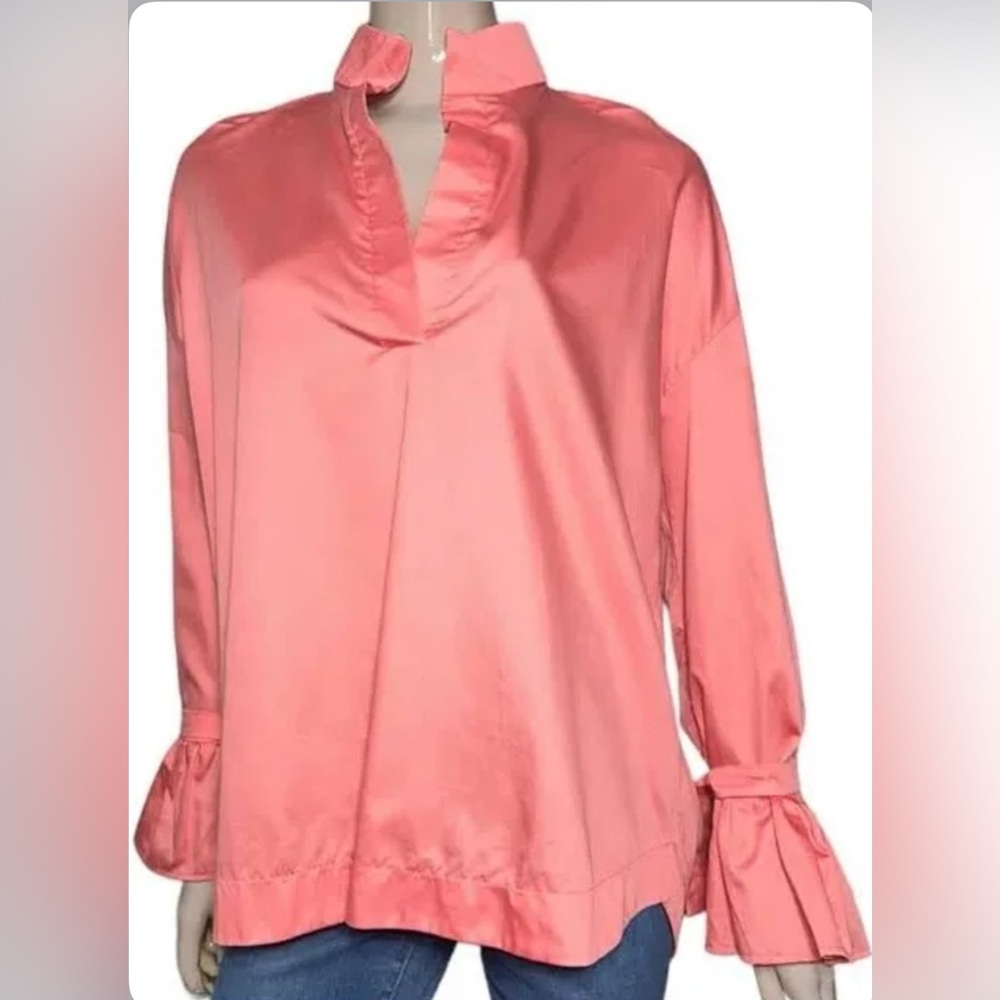 Monica Nera Women’s Size M Pink CoralBlend Split Neck Tie Wrists Shirt Blouse